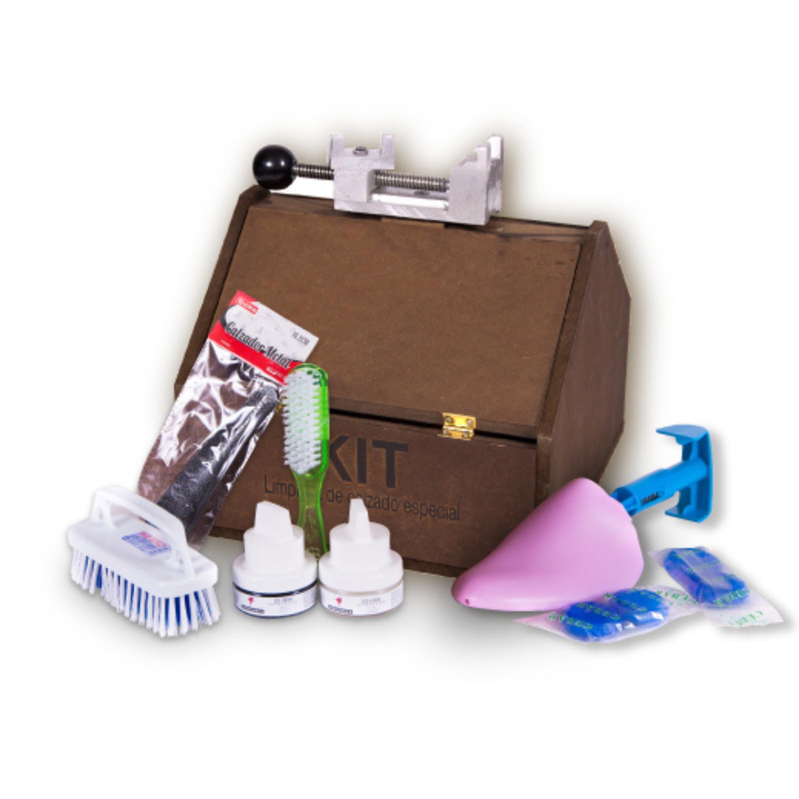 ORIGINAL BOX, Limpieza de Zapatillas, Limpia Zapatos, Kit Limpieza Zapatillas, Incluye Garra Metálica de Sujección 360° Hormas Hombre Hormas Mujer Pastillas Cepillo Bayeta Cremas