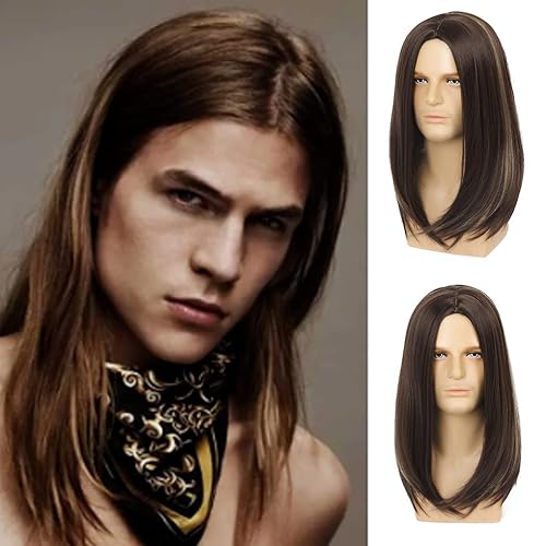 Sallcks Peluca larga y lacia para hombre, peluca larga y recta para hombre, peluca de pelo sintético resistente al calor, para uso diario, fiesta,