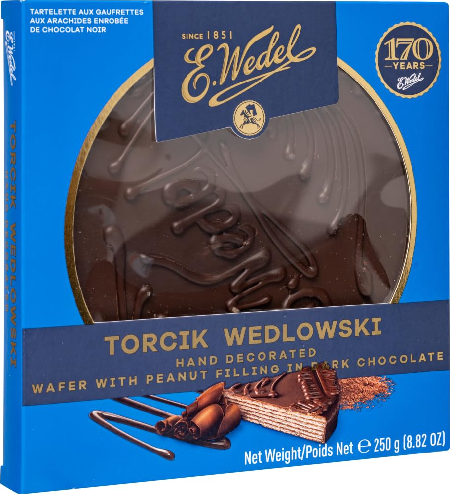 E. Wedel, Torcik Wedlowski, Polish Hand Decorated Wafer Cake with Peanut Filling in Dark Chocolate, 250g/8.82oz