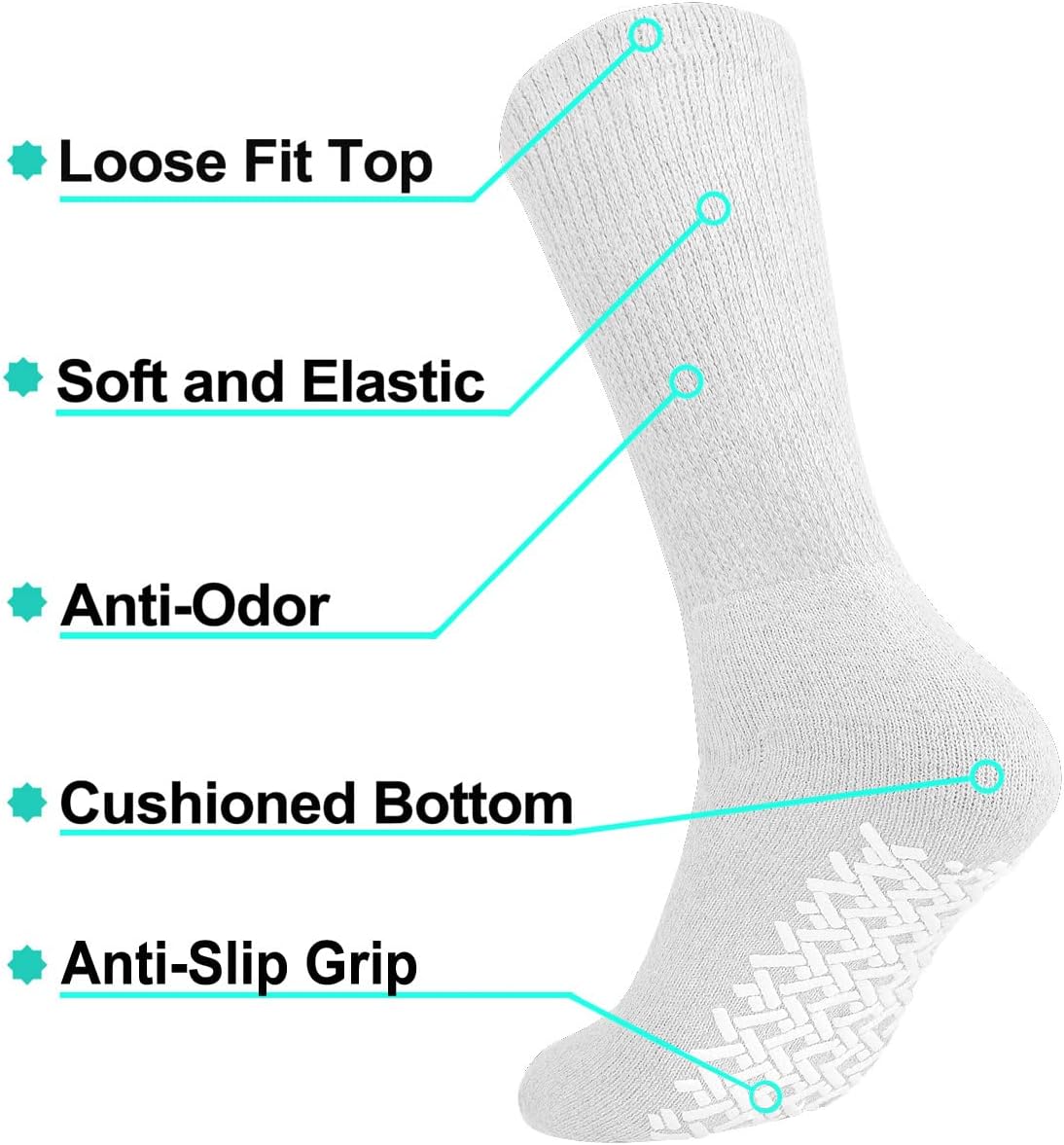Falari Men Women Anti Slip Grip Non Skid Crew Cotton Diabetic Socks For Home Hospital 3, 6 or 12-pack