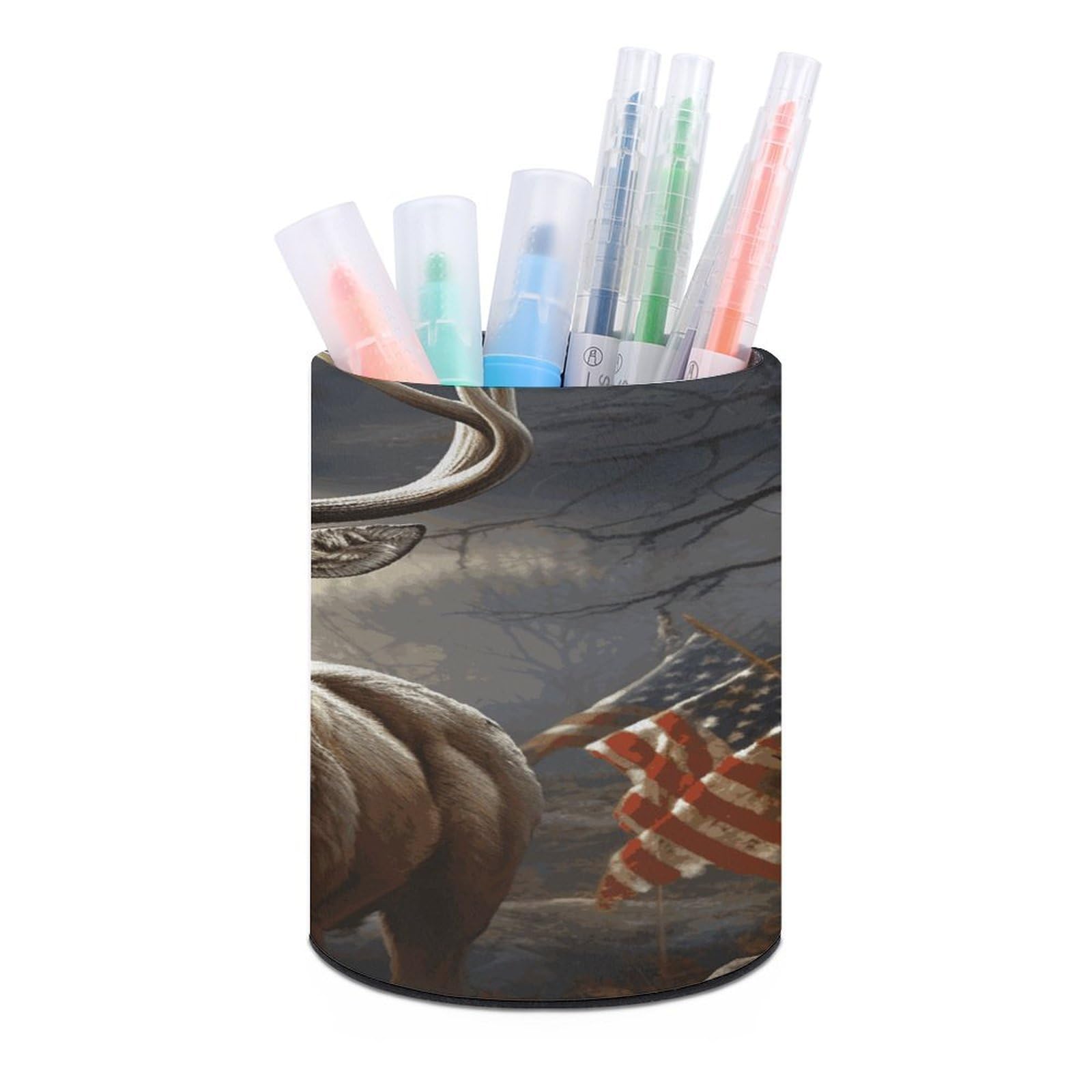 FekiLoot PU Leather Round Pen Holder Deer Hunting Season Pencil Holder Desk Organizer Pen Organizer Pen Cup Pencil Cup Caddy Desktop Stationery Organizers for Office Home Supplies