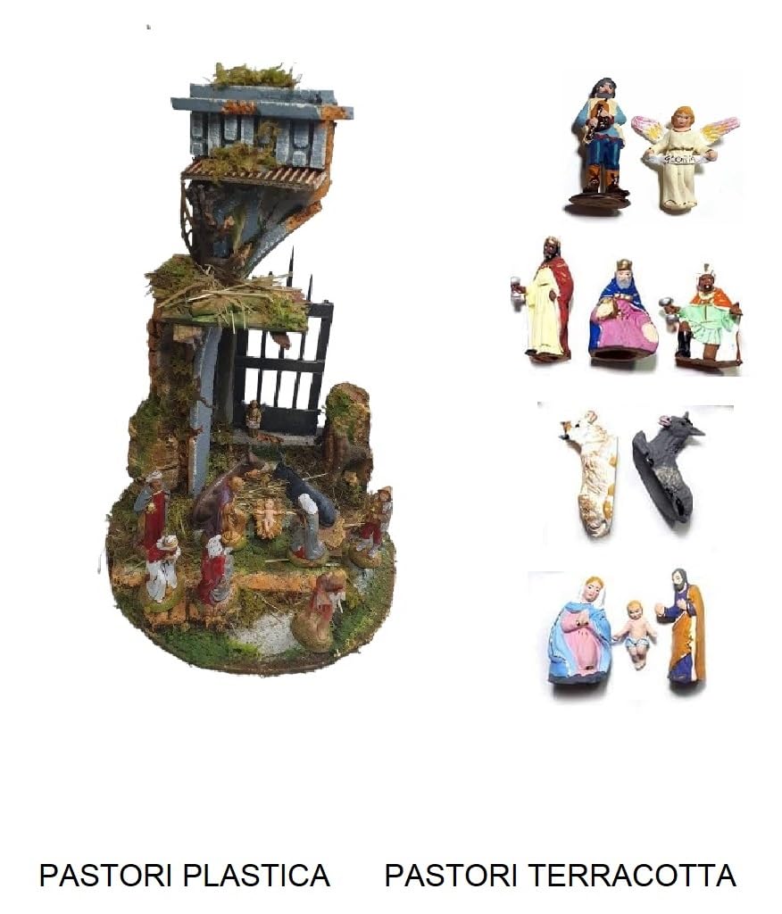 Tempo Weihnachtskrippe komplett Durchmesser 20 cm Höhe 3 cm Holz und Kork mit oder ohne 11 Schäfte 6 cm Terrakotta oder 6 cm Kunststoff, geeignet für Glasglocke