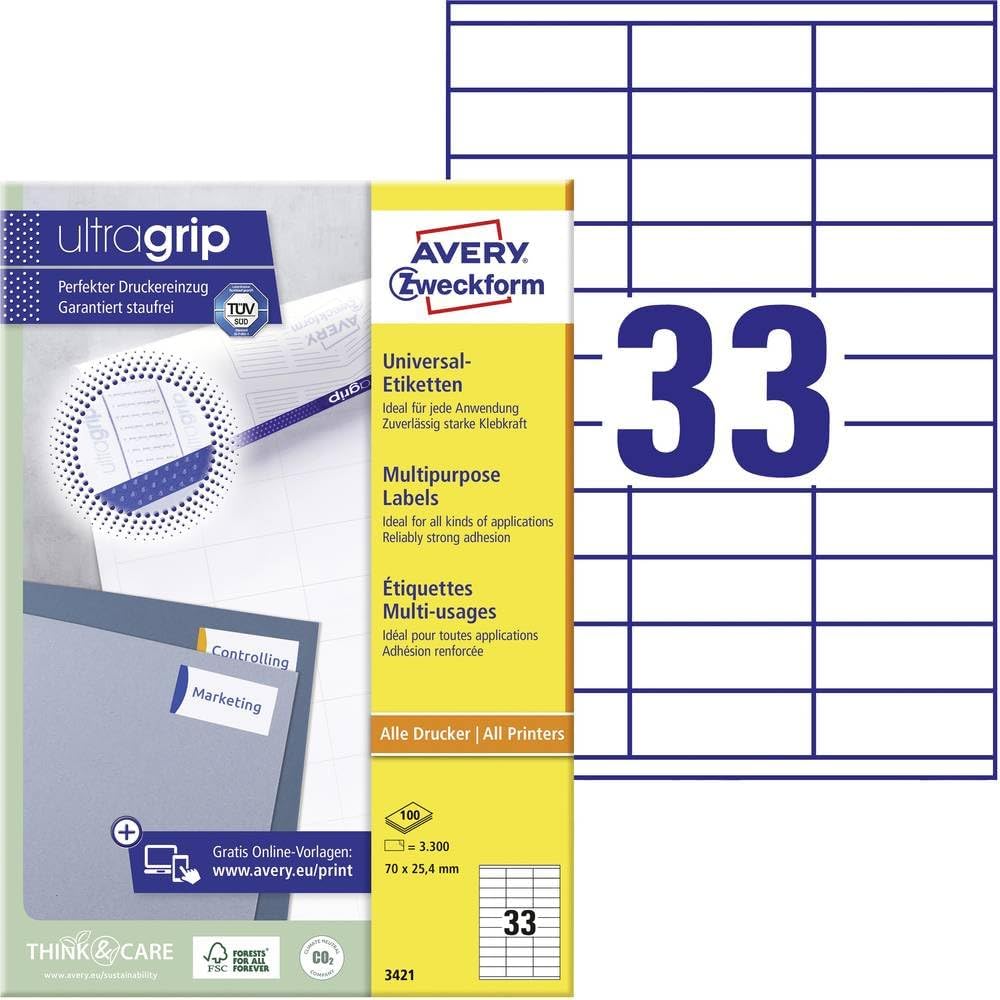 Avery Zweckform 3489 Universal Labels 100 Sheets 3,000 Labels 70 x 29.7 mm White