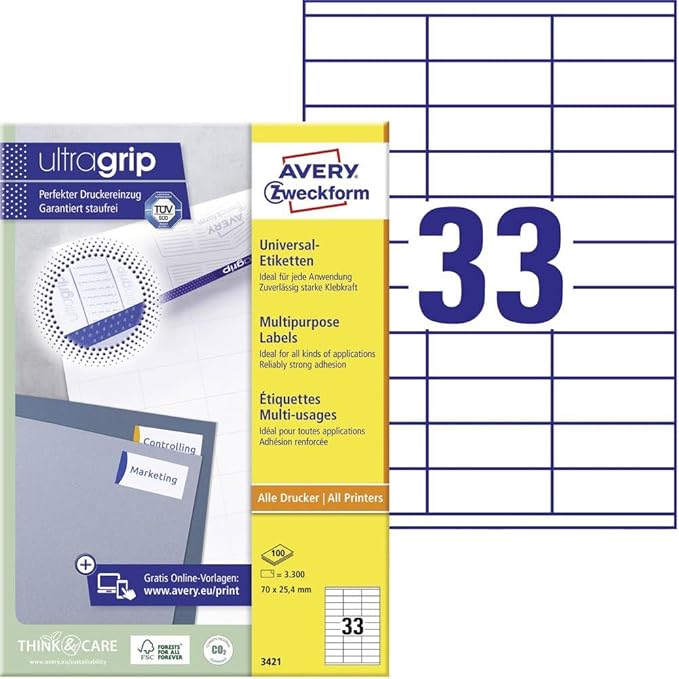 Avery 3421 - Pack de 100 hojas con etiquetas imprimibles polivalentes, 70 x 25.4 mm
