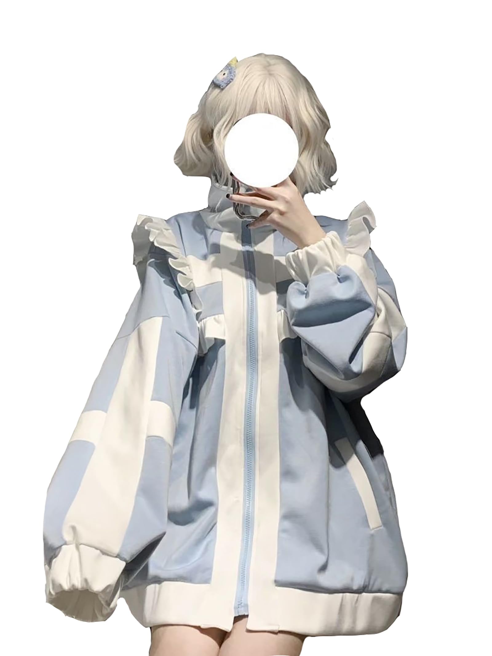 XHSUKADO Zip-up Parka, Women's Clothing, Stylish, Long Sleeve, Spring, Autumn, Winter, Top, Standing Collar, Sweatshirt, Subculture Style, Coat, Outerwear, Fashion, Angel Area, Color Sick, Switching, - L