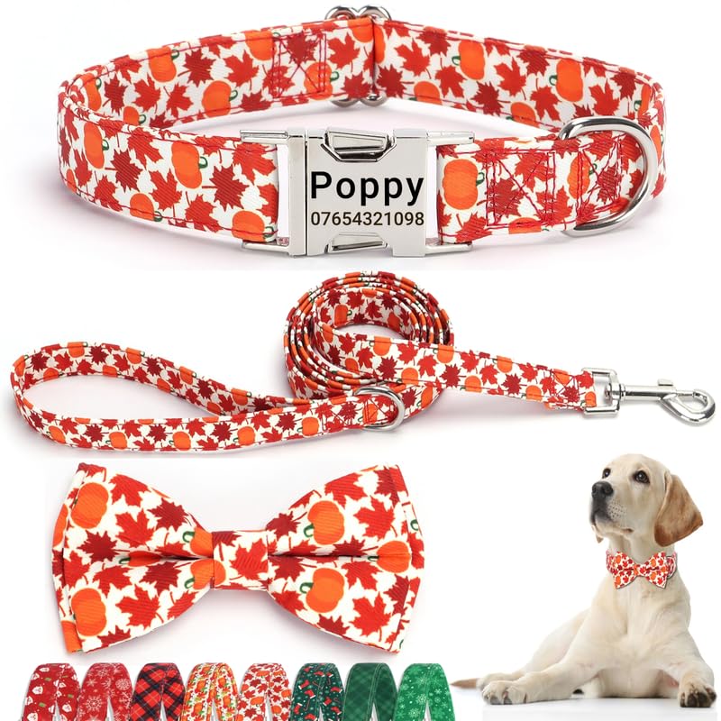 SEOUGEE Fall Dog Collar Personalised with Bowtie & Lead Set, Adjustable Cotton Thanksgiving Halloween Dog Collars and Leash with Engraved Metal Buckle for Small Dogs (Maple Set, S:Neck 30-40cm) — image 1