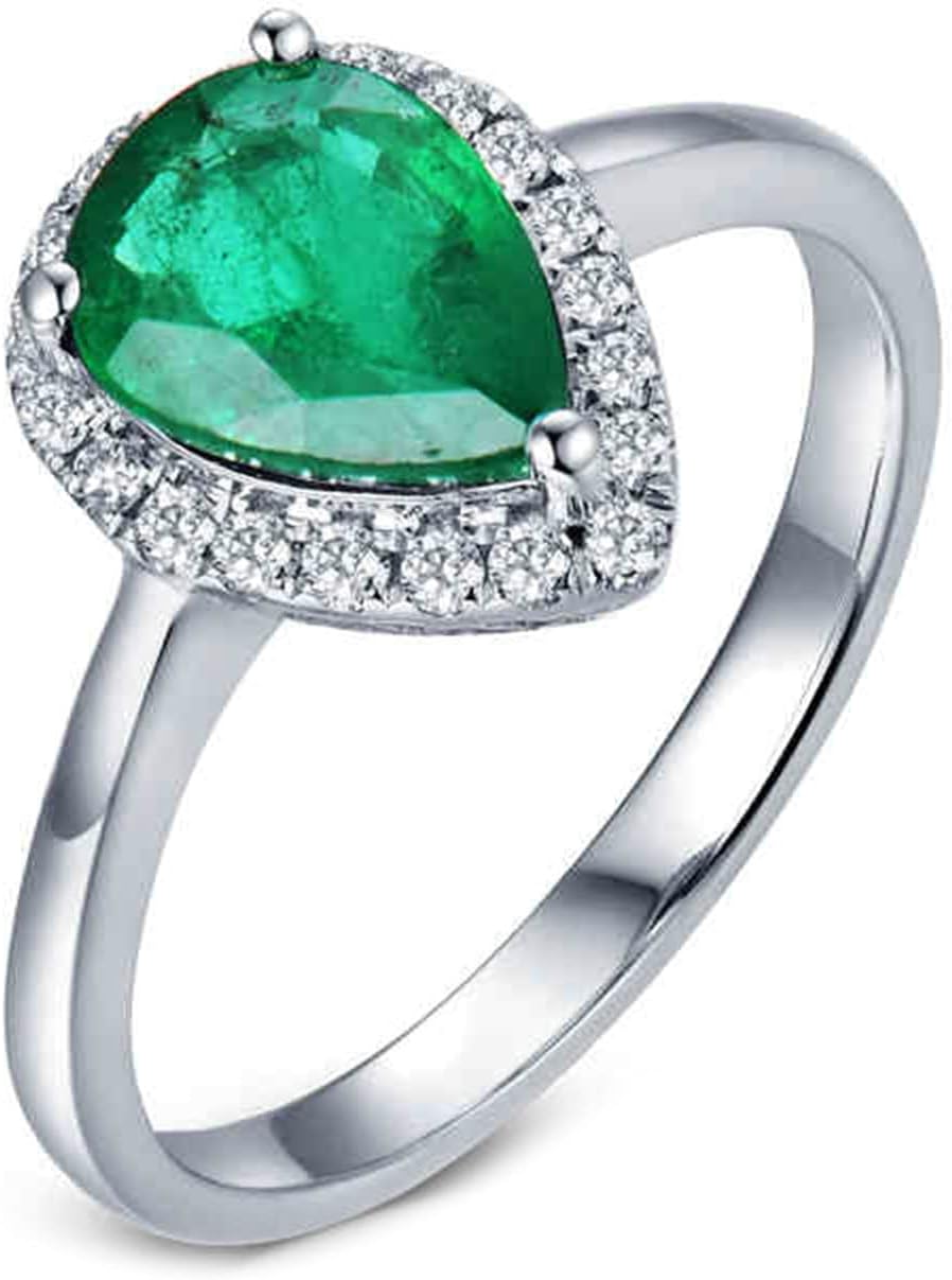 18K White Gold Ring 1.1ct Pear Shape Emerald with 0.14ct Diamond Engagement Rings for Girls