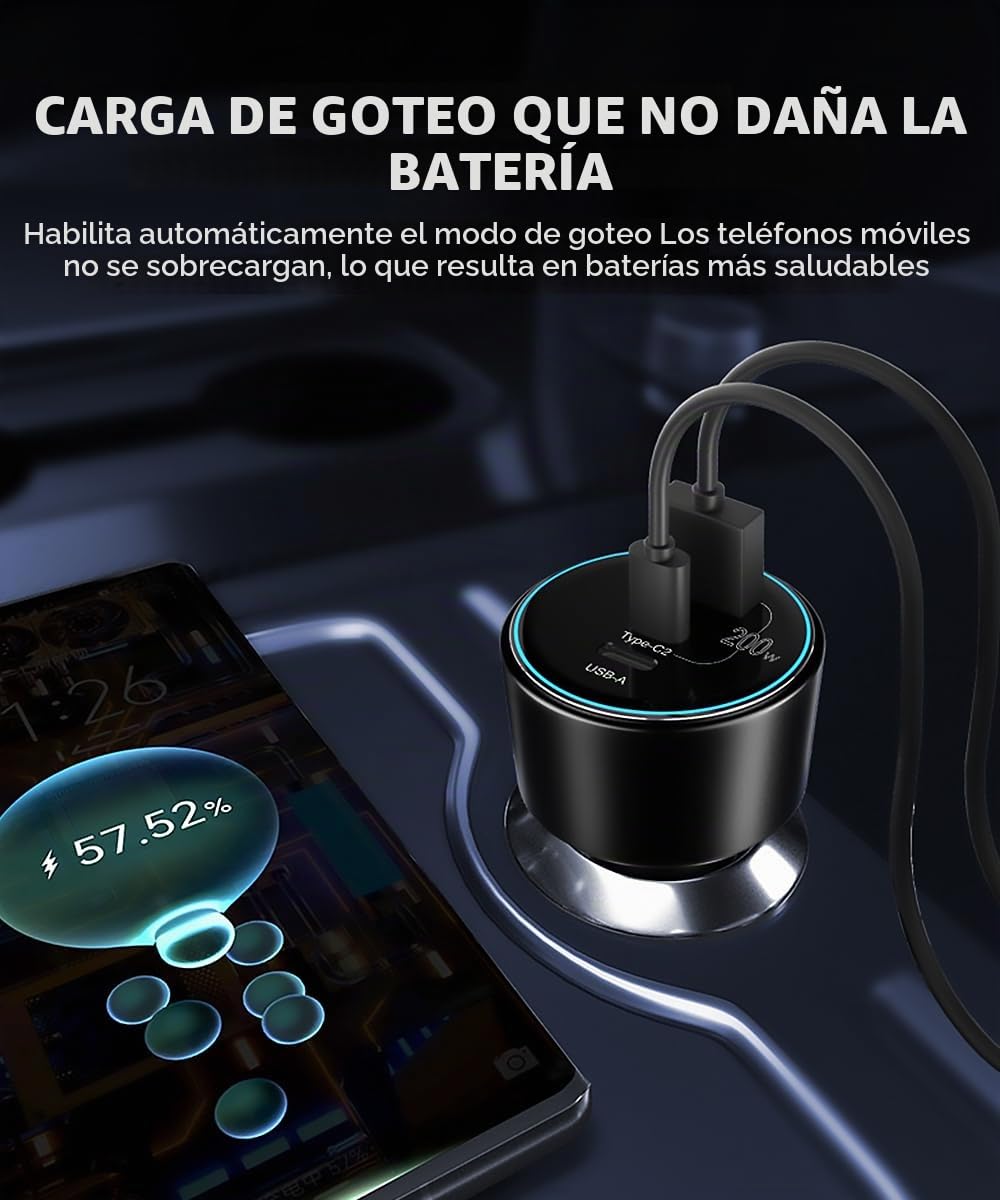 Cargador de Coche USB C de 200W, Cargador Mechero USB Carga Rápida de 3 Puertos con Cable USB C de 100W, Compatible con iPhone 15/14/13/12, Samsung Galaxy S24/23, MacBook, iPad Pro, Air Mini