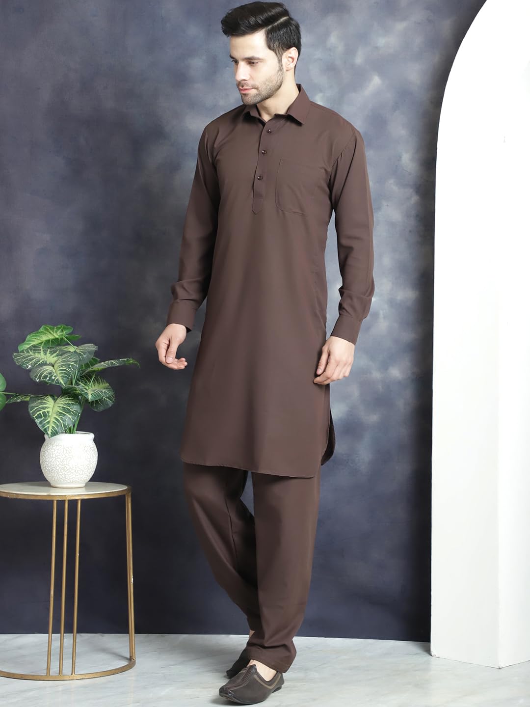 Jompers Men's Coffee Solid Pathani Kurta With Salwar (Coffee, L)