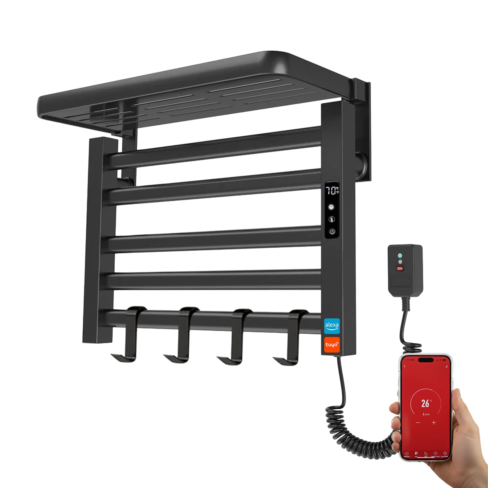 YOEVU | Toallero eléctrico | 100W, Compatible con Alexa | Estante Superior | Pantalla LCD tÔctil, Control WiFi, Montaje en Pared | Aleación de Aluminio, Negro