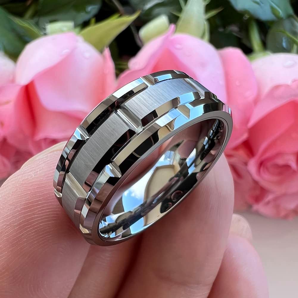 8mm Silver/Black/Gold Tungsten Rings for Men Women Promise Engagement Wedding Band Brick Pattern Brushed Center Comfort Fit - Image 4