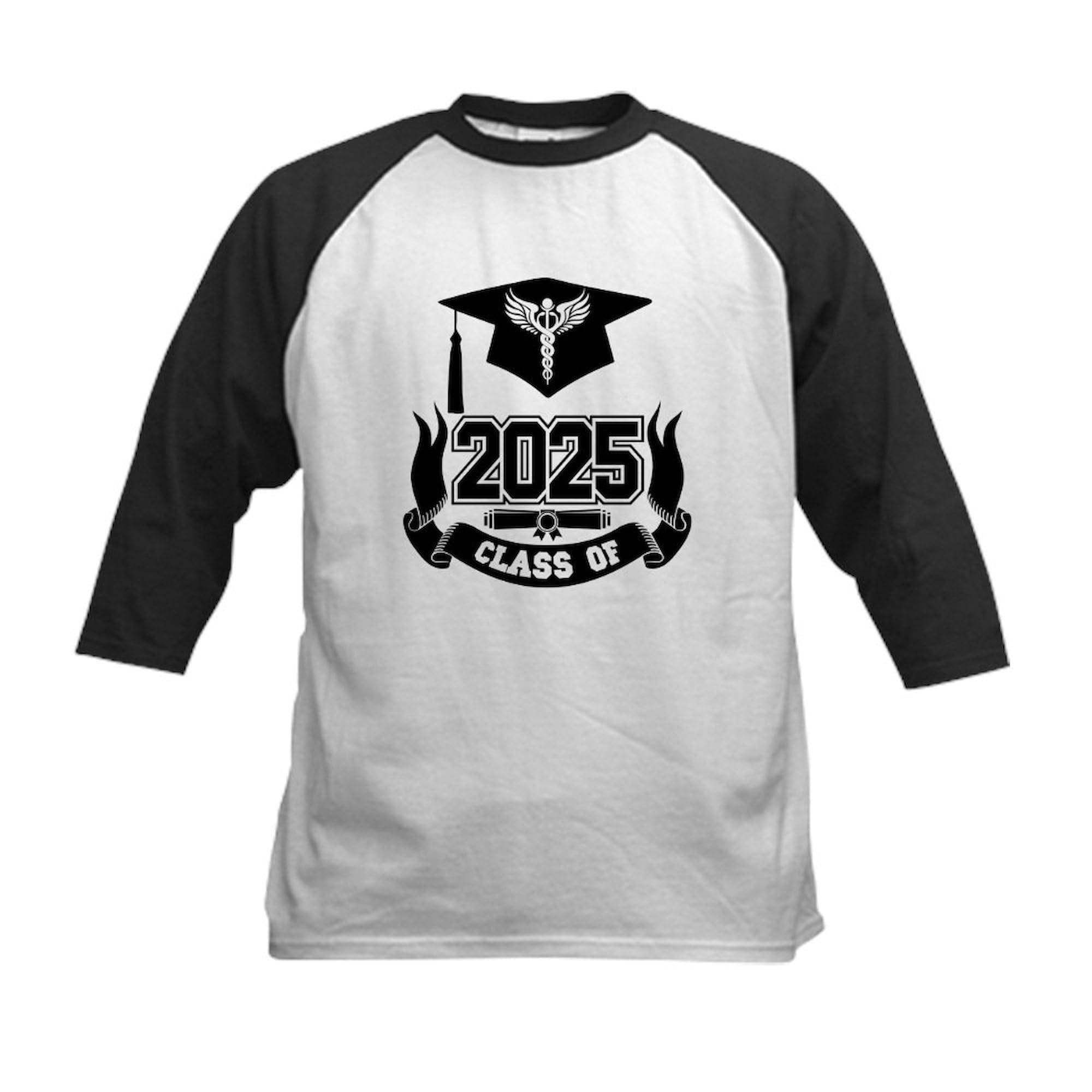 CafePress Caduceus Medical School Graduate Class of 2025 Kids Baseball T Shirt Kids Cotton Baseball Jersey, 3/4 Raglan Sleeve Shirt Black/White