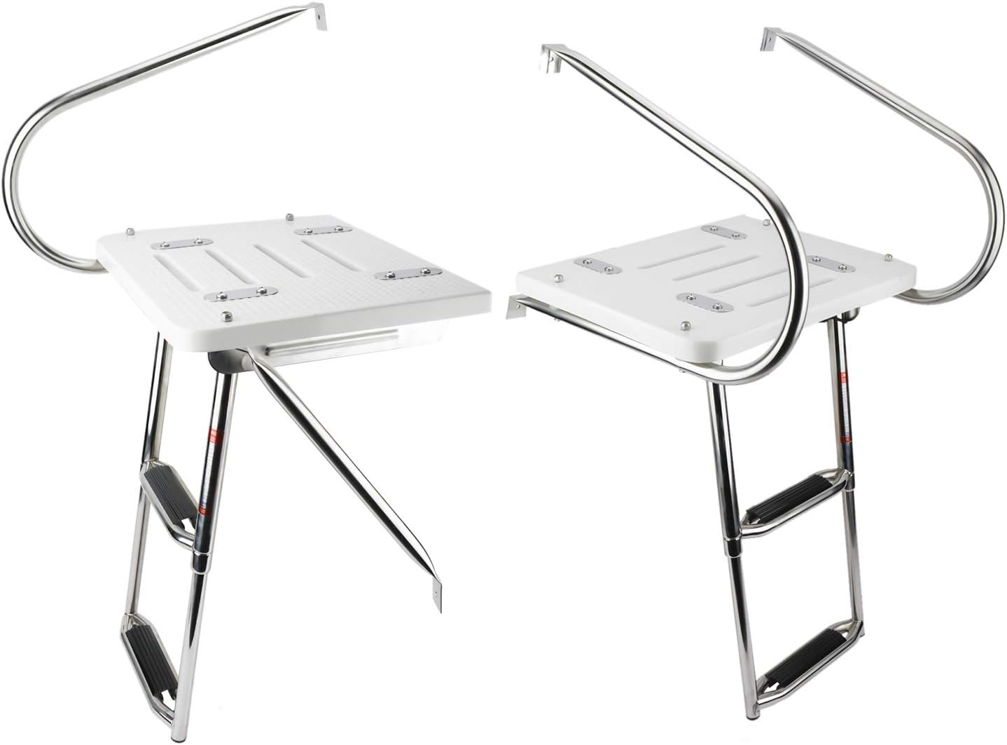 NovelBee 2 Step Universal Inboard Swim Fiberglass Platform Fold Down Ladder with Extra Wide Step and Two Handrails,Under Slide Mount Telescopic Boat Ladder with Mounting Hardware