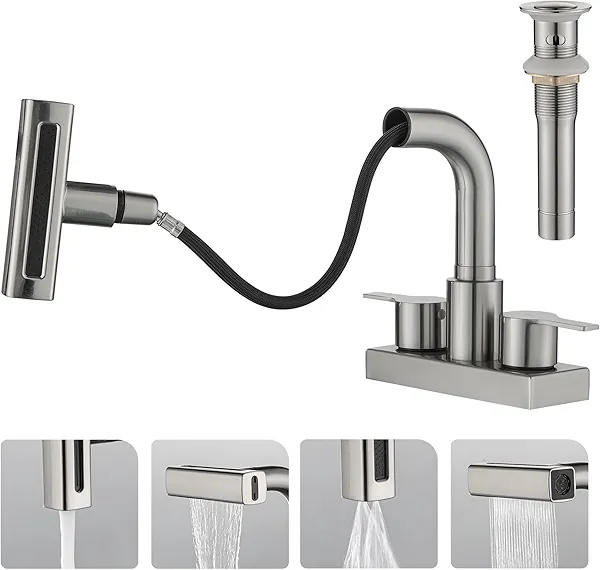 Bathroom Sink Faucet with Pull Down Sprayer 3 Holes, Brushed Nickel 4 inch 2 Handles Centerset Laundry Bar Basin Pull Out Faucet with Pop-Up Drain