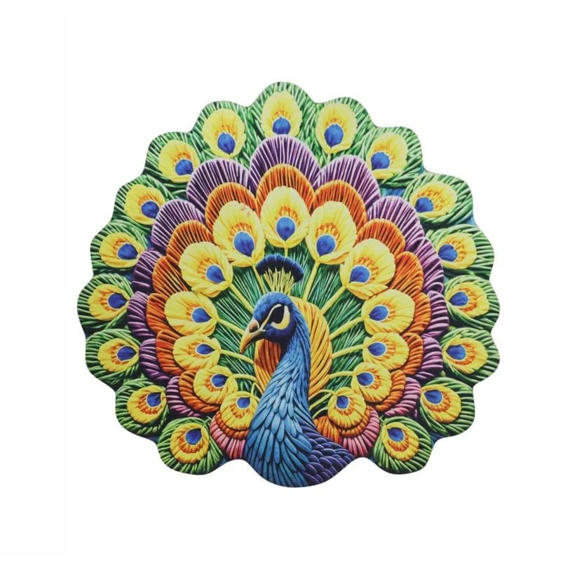 Image of Trendymart Blue Arctic Dream Decore Handmade Peacock Floral Rangoli Mat - Lightweight, Reusable Decorative Floor Mat with Wool Felt Backing (55x 55 cm).