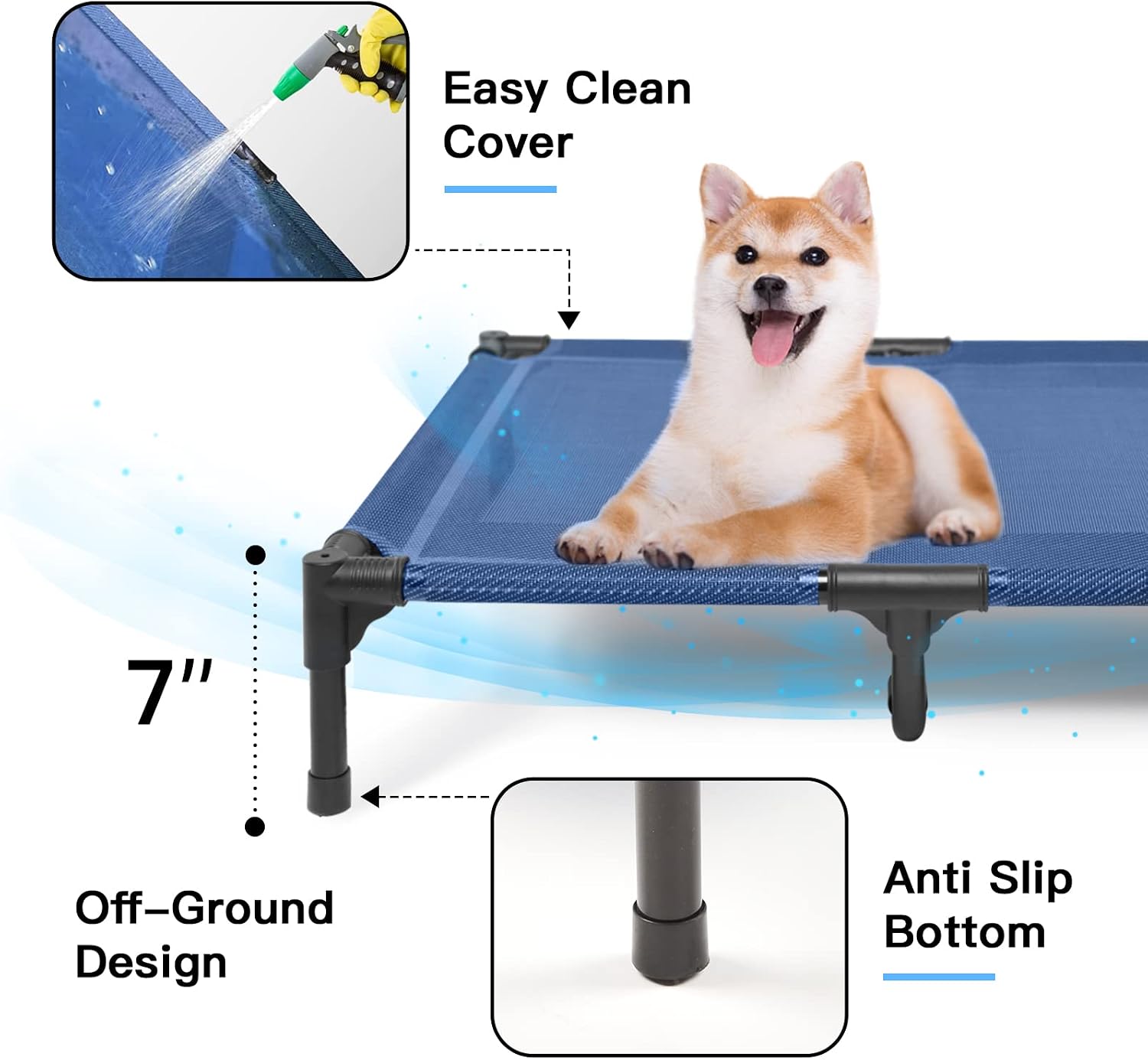 Condition photo showing New/Like New for suddus elevated dog bed for medium dogs, dual support cooling cot with teslin mesh, portable waterproof pet bed for indoor/outdoor use, large, 36x30x7 inch, blue l (36"l x 30"w x 7"h) blue
