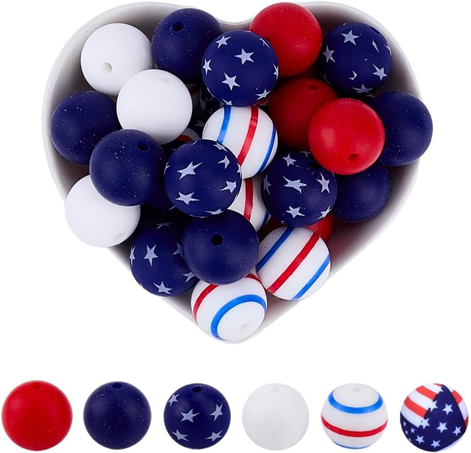 1 Box 60Pcs 6 Styles Patriotic Silicone Beads 4th of July Silicone Beads 15mm Independence Day Red White Blue Round Holiday Star Flag Rubber Spacers for Jewelry Making Bracelet Festive Decor