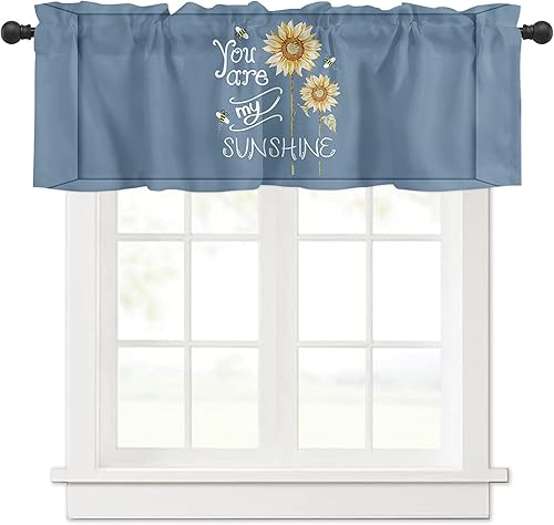 Curtain Valance for Window Kitchen Decor, Sunflowers You are My Sunshine Bees Blue 54" x 18" Window Treatment Curtains Topper Rod Pocket Valances