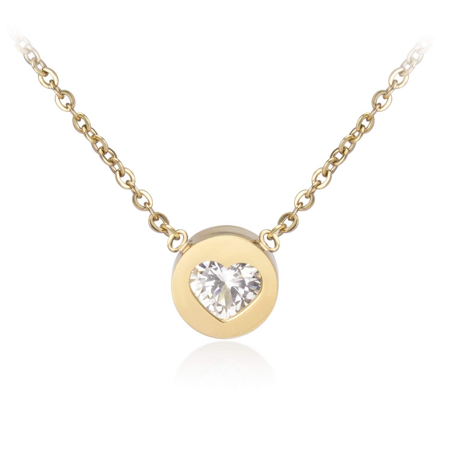 555JewelryWomens Stainless Steel Heart CZ Engraved Round Disc Pendant Necklace