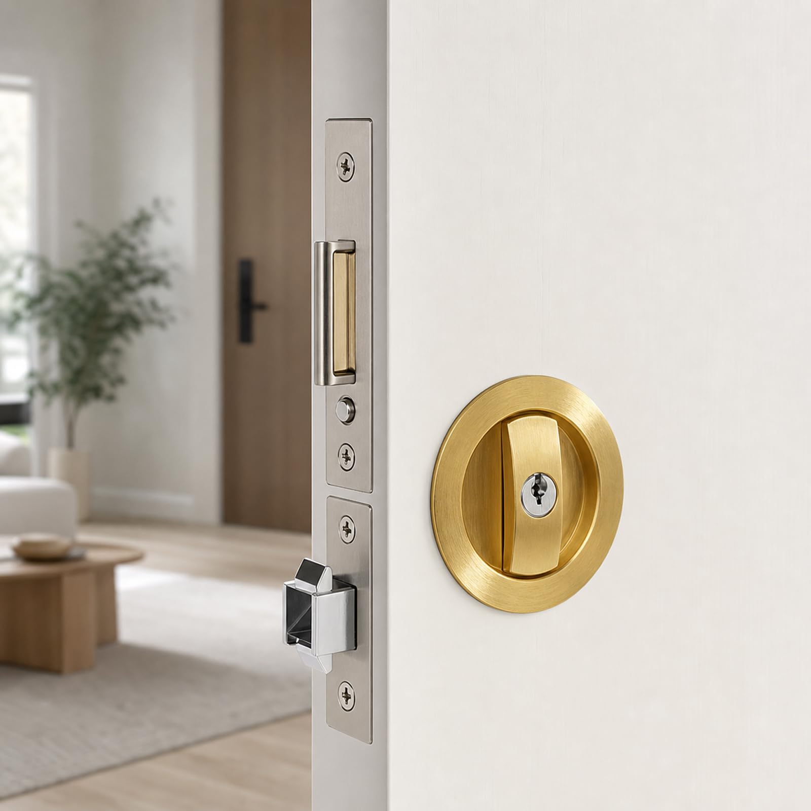 Cerradura Invisible para Puerta corredera,Cerradura para Puertas Correderas,Manilla Invisible para Puertas Empotradas,con Llave,aleación de Zinc,para baño,Armario,Cocina