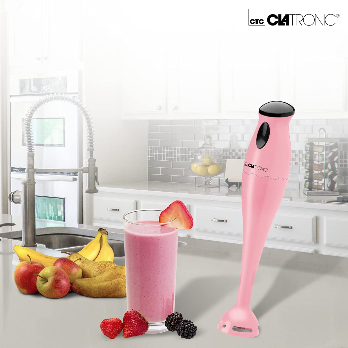 Clatronic HandBlender StandBlender SM 3577; ostrze ze stali nierdzewnej; do smoothie, puree dyniowego, koktajlu mlecznego; z miską blendera (500 ml); 180 W, biały