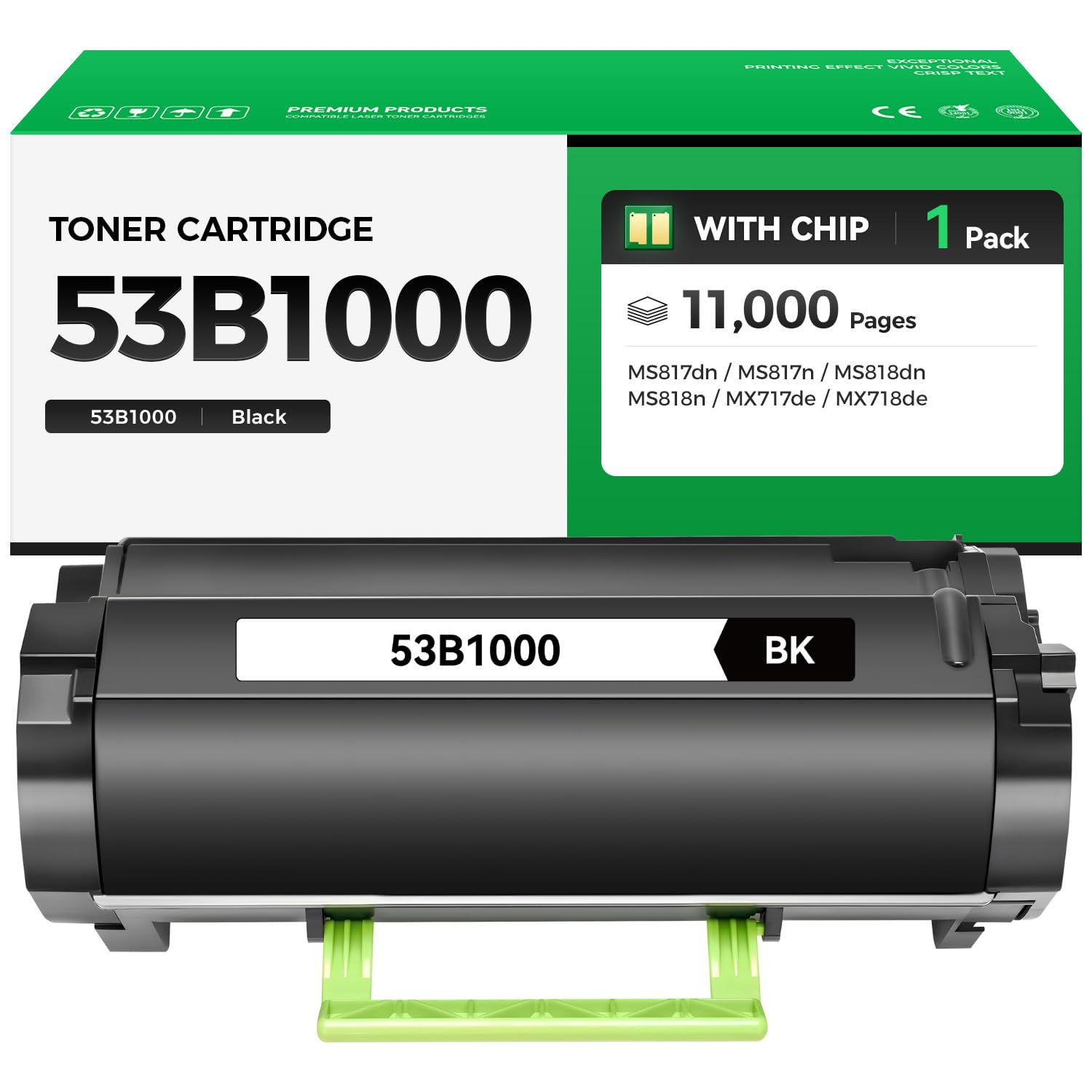 53B1000 Toner Cartridge with Chip Black 1-Pack High Yield Replacement for Lexmark 53B1000 53B1H00 Toner Compatible with Lexmark MS817dn MS817n MS818dn MS818n MX717de MX718de Laser Printer Ink Copier