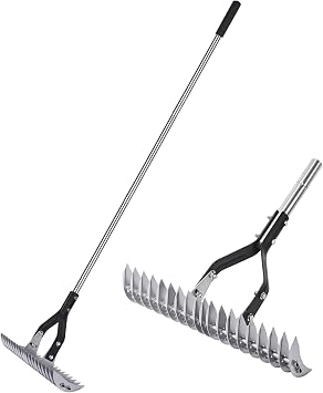 YEELOR Thatch Rake with 15inch Rake Head and Long Handle | Adjustable Steel Rake Head, 59Adjustable Handle. Can Loosen Soil and Remove Thatch. Suitable for Gardens and Lawns