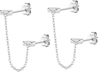 925 Sterling Silver Double Hole Chain Earrings for Women Butterfly Ball Moon Star Bar Stud Earring Double Piercing Minimalist Dangle Tassel Chain Earrings Cartilage Hopp Chain Earrings Hypoallergenic