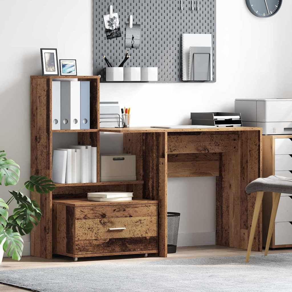 Escritorio de madera recuperada de 131,5 x 50 x 106,5 cm, material de madera, oficina, PC, trabajo, con cajón, estantería, espacio de almacenamiento, ergonómico, oficina en casa, ordenador