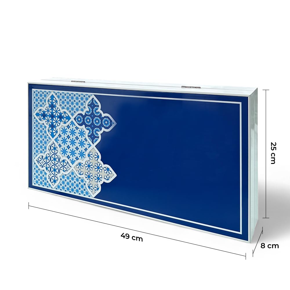 Biggdesign Niebieski Tile Backgammon, korpus MDF, zamknięcie magnetyczne, błyszczące lakierowanie ochronne, odporna na zarysowania powierzchnia do gry, w zestawie kostki i klocki