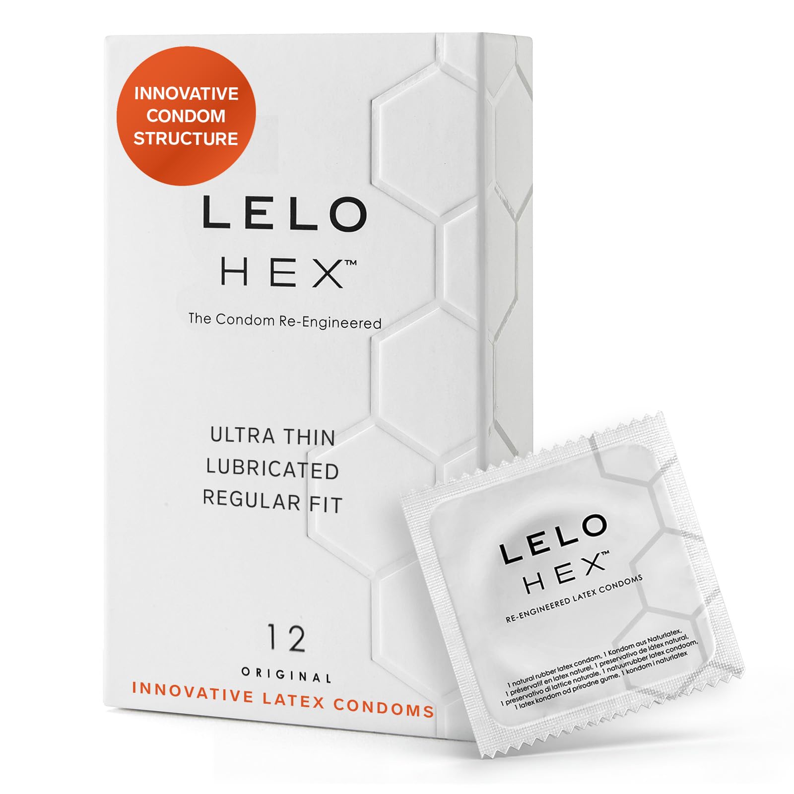 HEX Original Ultra Thin Condoms with Increased Strength, Male Condom, Lubricated Condoms for Men, 2.12-Inch/54 mm Diameter (12 Pack)