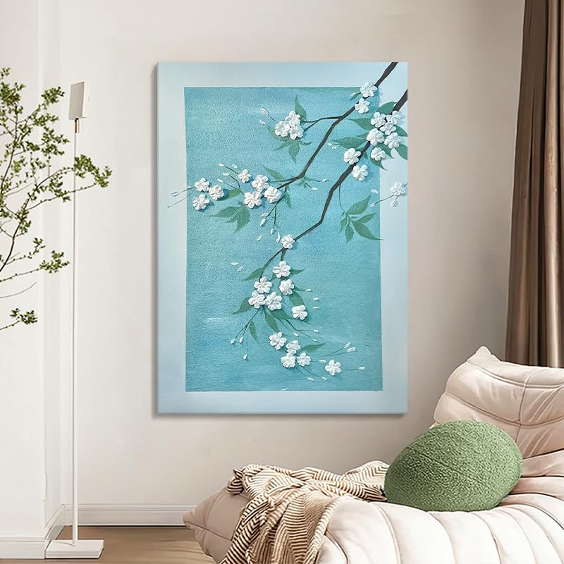 Tableau sur toile de salon fleurs de pêcher bleu peinture à l'huile pour décoration murale