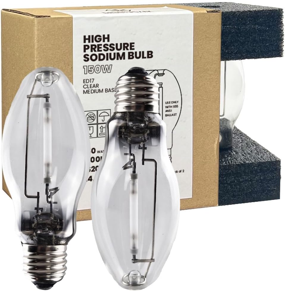 LU150/MED High Pressure Sodium Light Bulb, 150 Watts, ED17/MED, Medium Base (E26), ANSI Code S55, 16200 Lumen, 24000 Life Hours, Clear Bulb, 2100K, 2 Pack