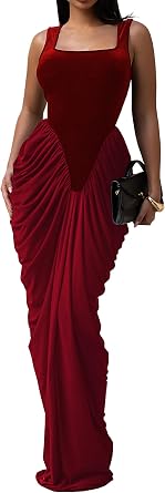 Figdaw Womens Halter Neck Maxi Dress, Open Back with Tie, Ruched Bodycon Fit, Front Slit