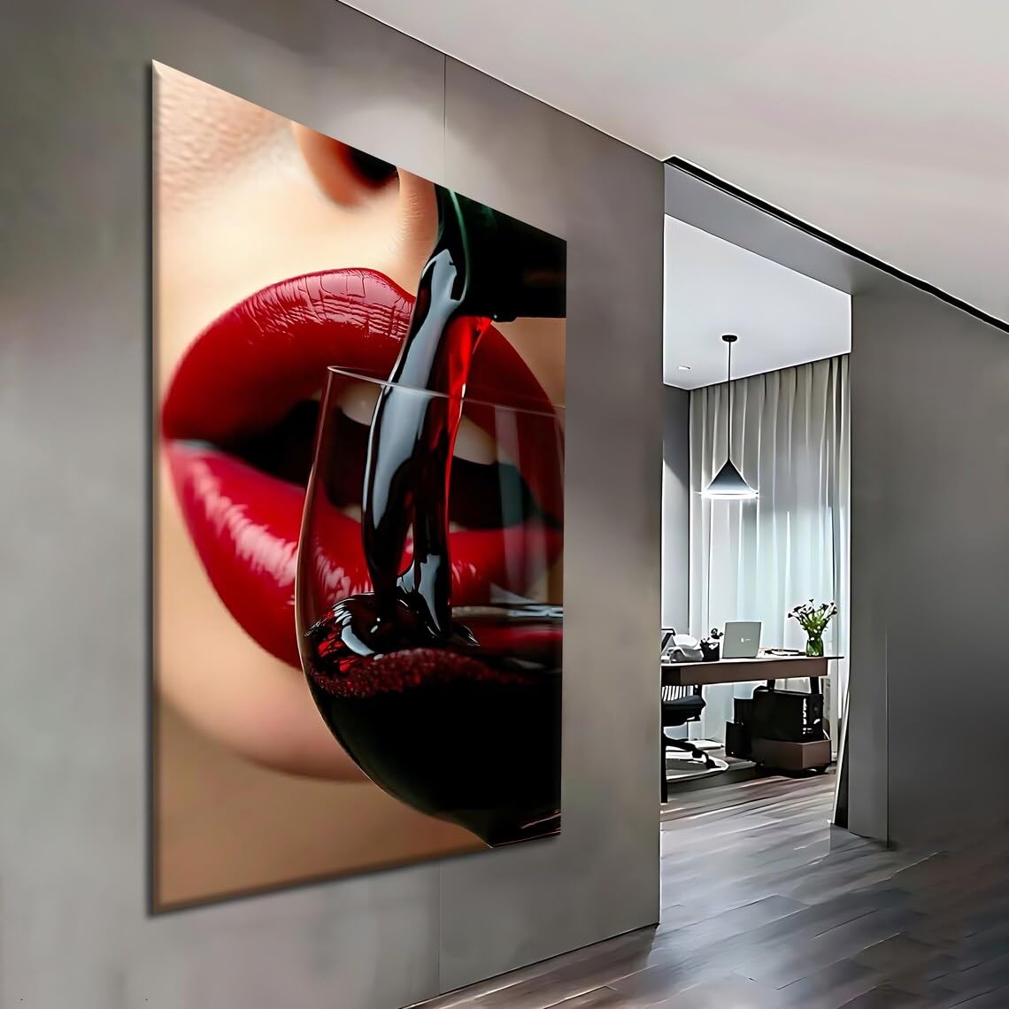 CAOXTART Red Lips and Red Wine Canvas Wall Art, Woman Mouth Canvas Prints, Modern Bar Decor Painting(70x110cm/Frameless)