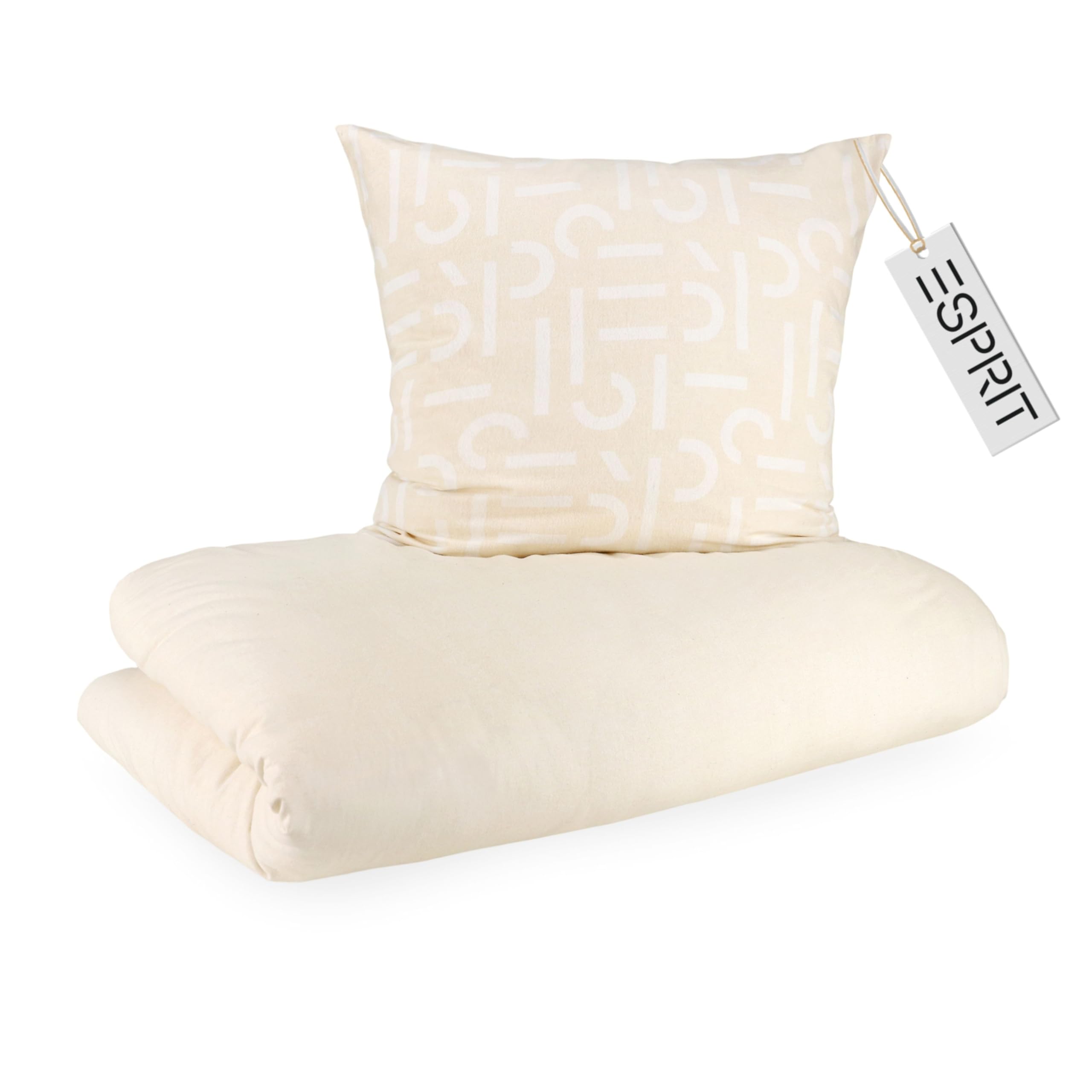 Esprit Ropa de cama de franela, 140 x 200 cm, algodón beis, lujoso, ropa de cama de 2 piezas, ecológico, suave, cálido y mullido, 1 funda de edredón de 140 x 200 cm y 1 funda de almohada de 70 x 90 cm
