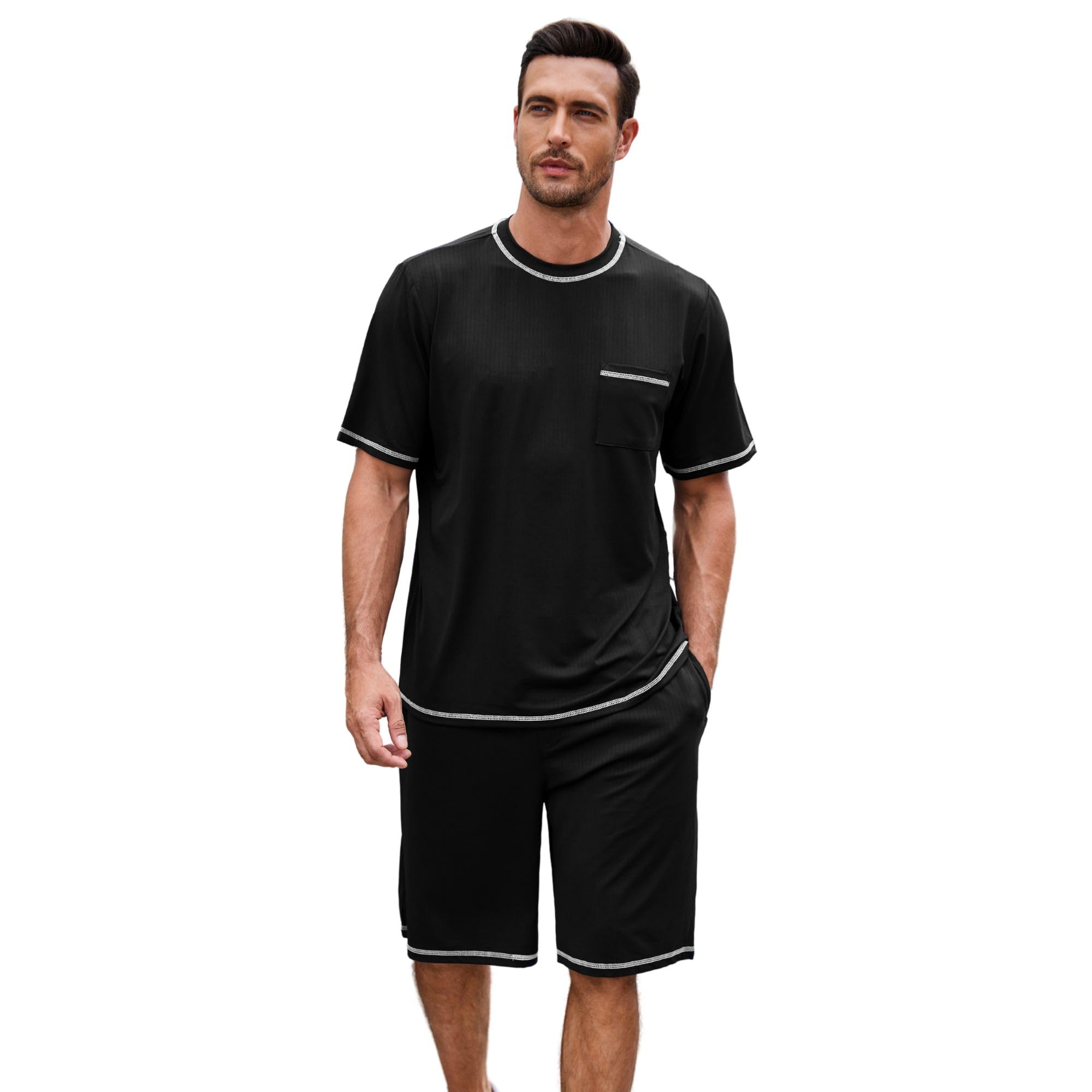 Mens Pajama Set, Soft Short Sleeve Lounge Set Pullover Pjs 2 Piece Outfits with Pocket