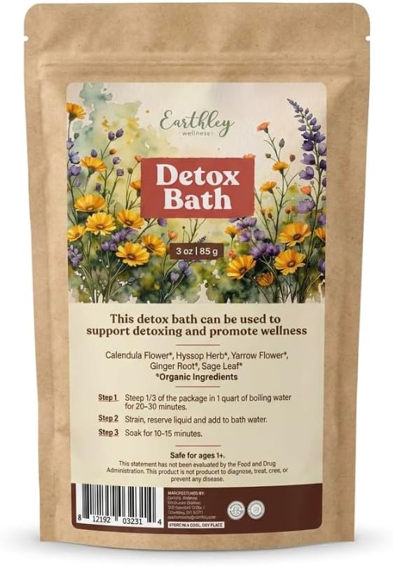 Earthley Wellness Detox Bath, Natural Herbal Bath Soak (3oz) with Organic Calendula, Hyssop, Yarrow, Ginger & Sage, Relaxing Botanical Bath Tea for Wellness