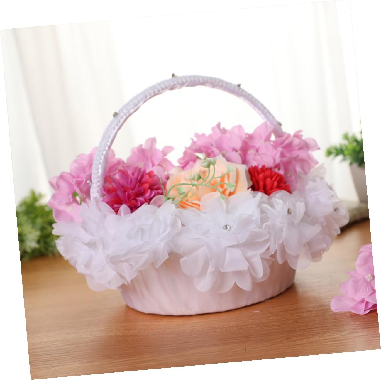 Operitacx Wedding Flower Basket with Lace and Floral Design, White Flower Girl Basket with Handle for Wedding Ceremony and Party Supplies,