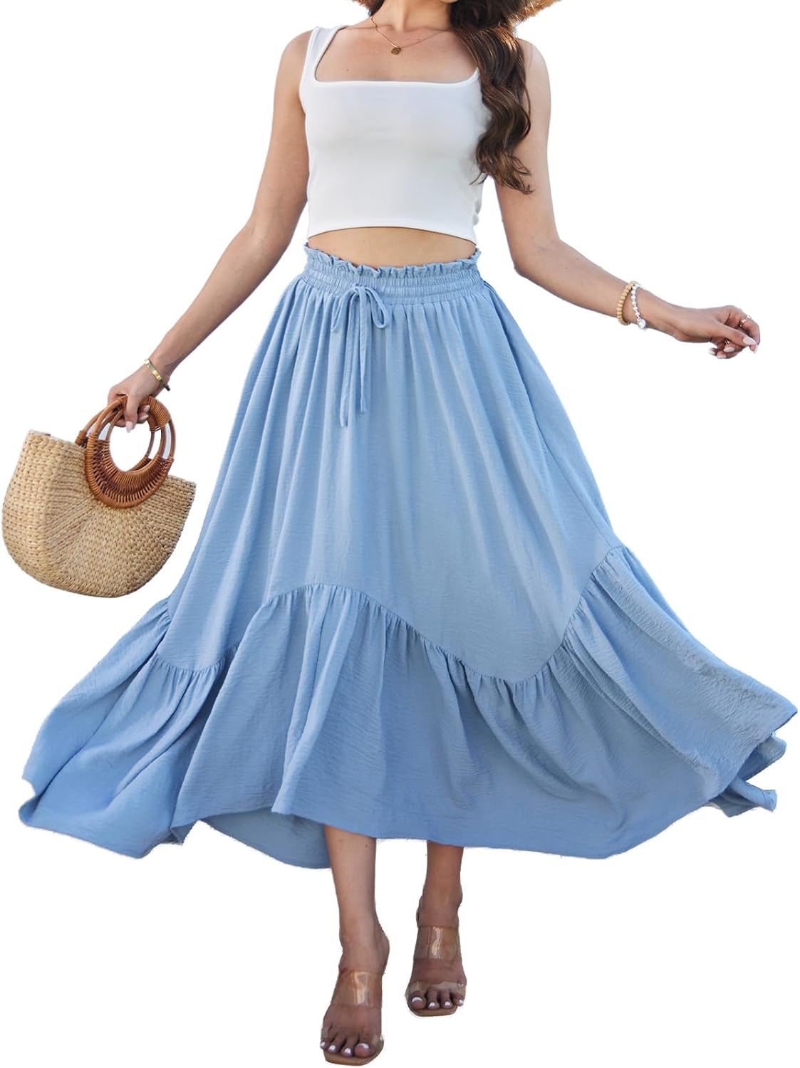 Women's Maxi Flowy Asymmetric Skirts with Pockets Long High Waist Crinkle Boho Skirt for Casual Wear