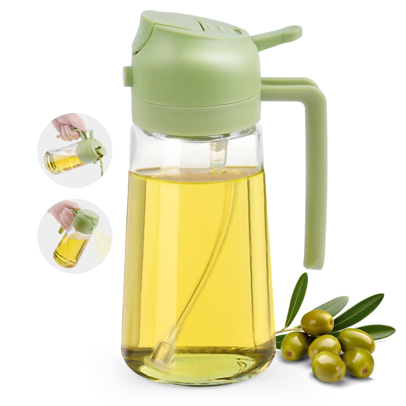 Oil Spray Bottle, 2 in1 Olive oil Sprayer Glass 20.3oz /600ml, Dual Feature Cooking Oil Dispenser Mister Vinegar for Kitchen, Air Fryer, BBQ, Vegetable (Green)