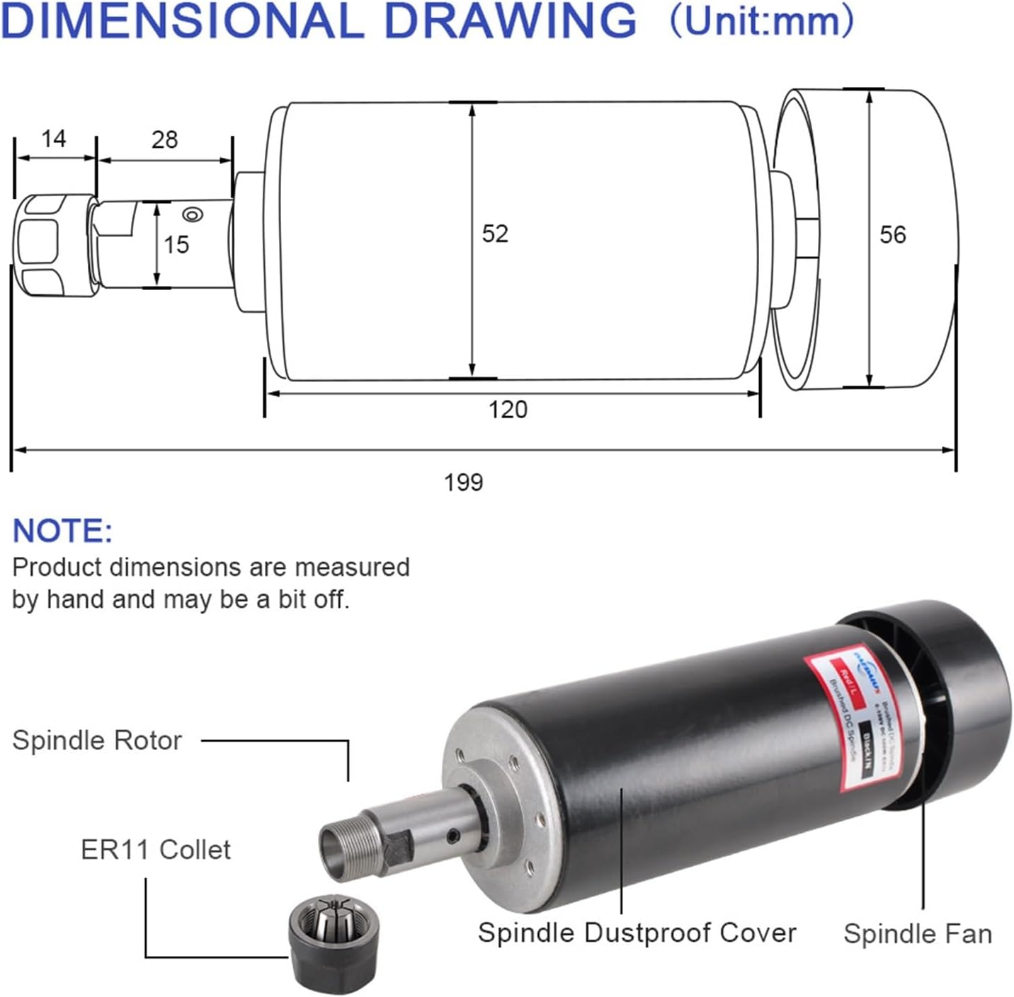 500w ER11 Spindle Motor Kit Air Cooled CNC dc Spindle Motor for CNC Milling Router Machine(Power Supply)