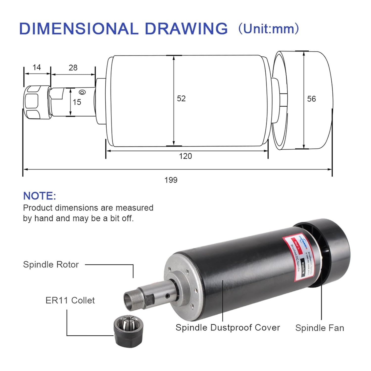 Spindle Motor, 500w ER11 Spindle Motor Kit Air Cooled CNC dc Spindle Motor for CNC Milling Router Machine for CNC Machine(500W Spindle)