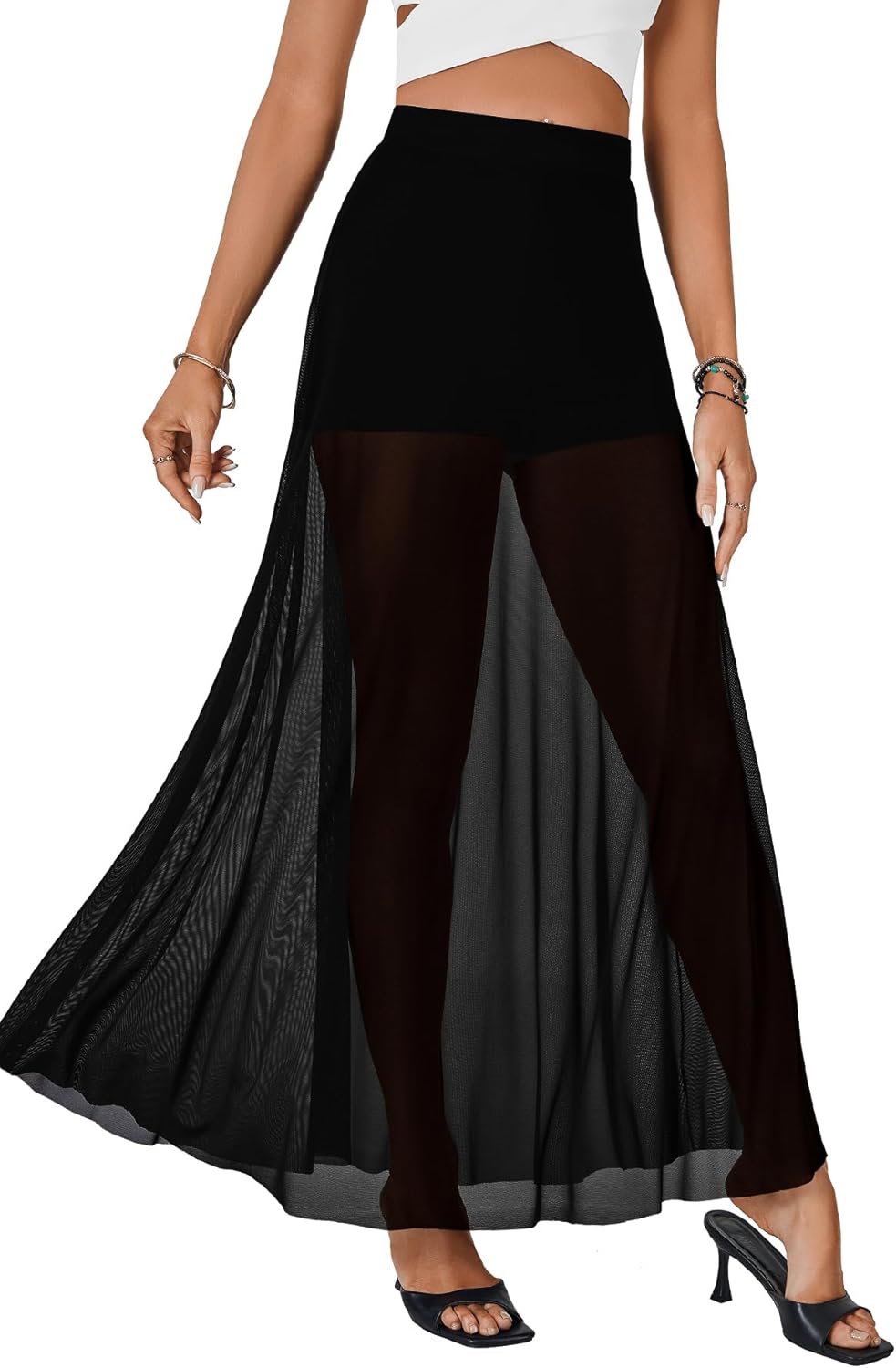 KIFOVEN Women's Sheer Mesh Maxi Skirt High Waist Flowy A Line See Through Long Skirt - Image 4