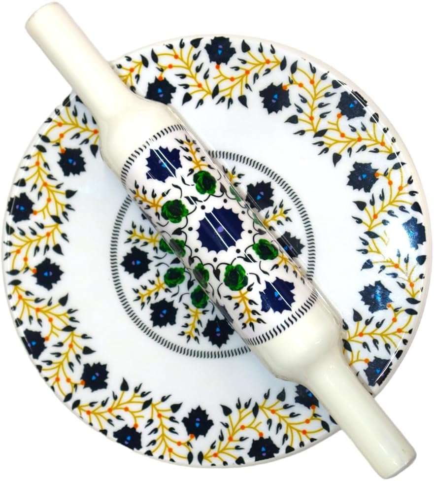 Samyuktha Printed White Marble Roti Maker with Wooden Belan Enamel Print/White Marble Chakla 10 Inch Diameter with Belan