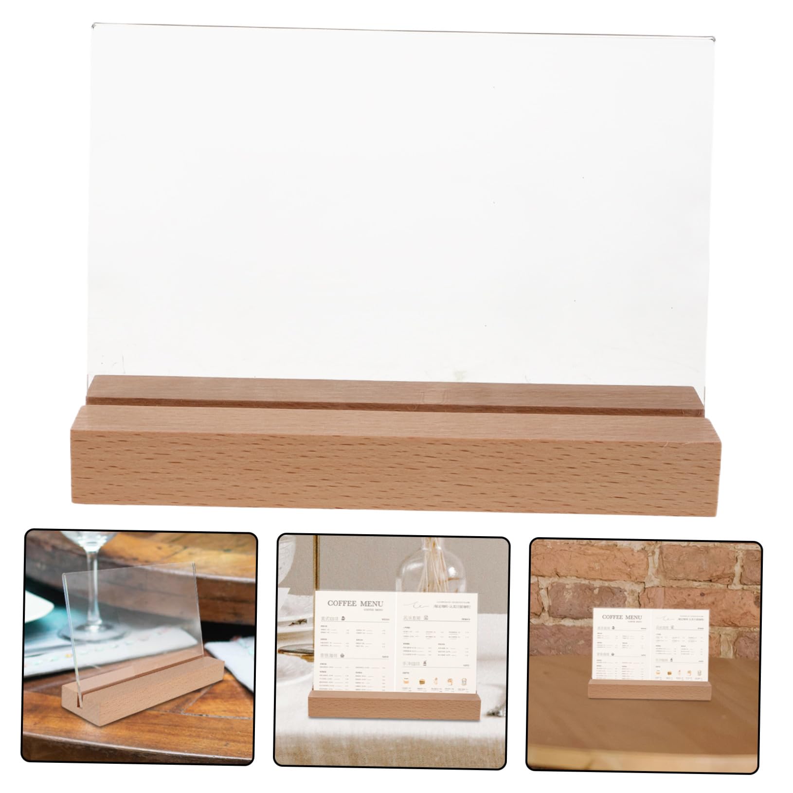 VILLCASE Soporte Para Portamenús Acrílico Transparente Horizontal Con Base De Madera Natural, Expositor De Sobremesa Para Restaurantes, Cafés y Eventos, Pack 5 Unidades A6