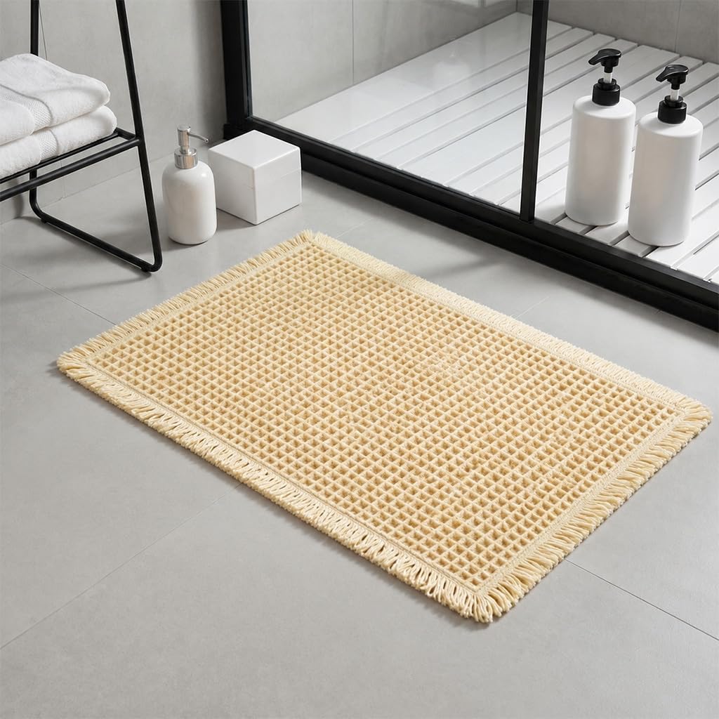 HASTHIP® Waffle Bath Rug Absorbent Non Slip Bath Mat Cream White | Double Layer Fast Dry Polyester Bathroom Rug With Non Slip Rubber Back For Shower Tub Floor 43×61cm-image-8