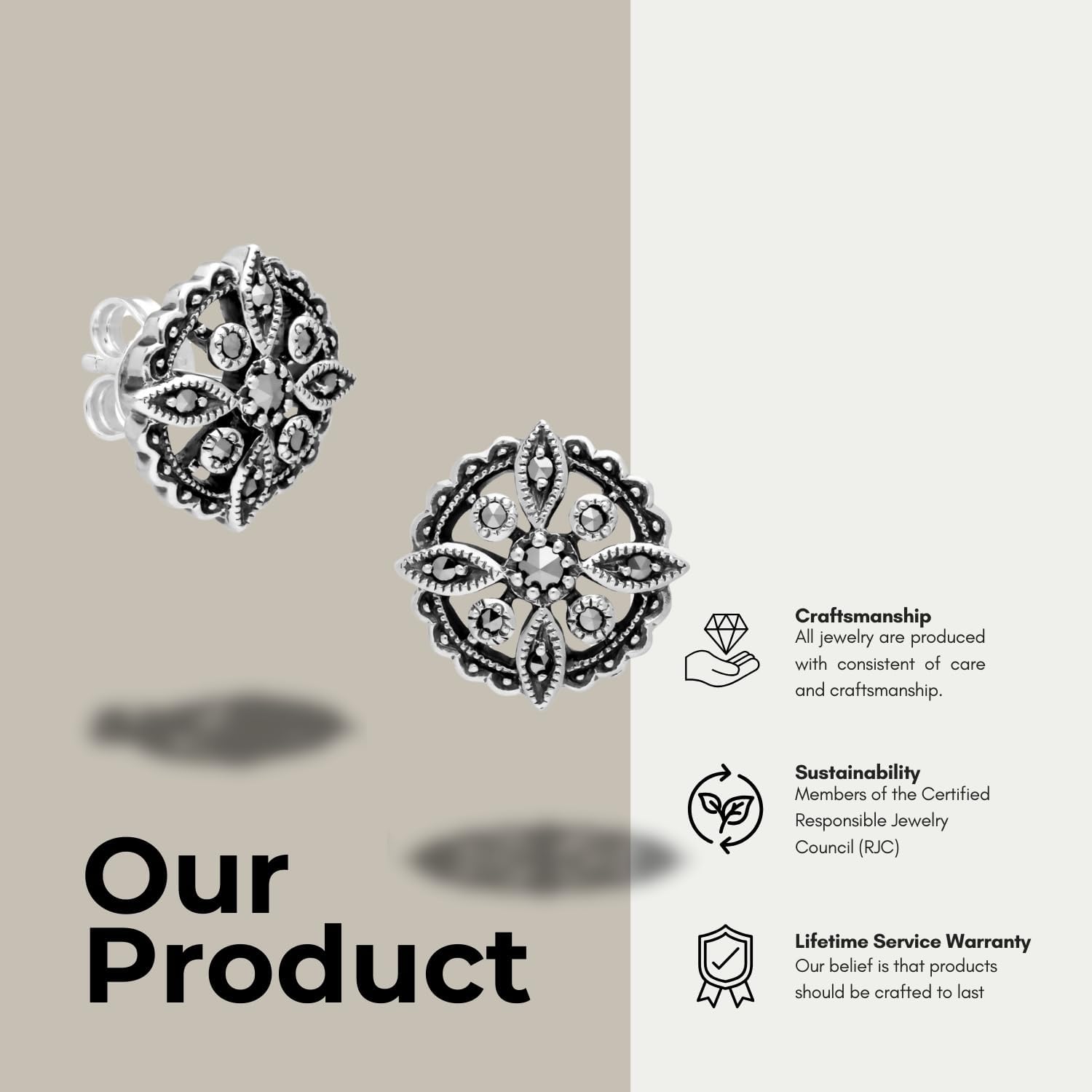Gemondo 925 Sterling Silver Marcasite Stud Earrings