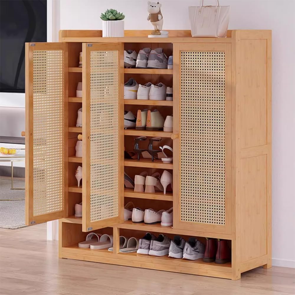 Shoe Storage Cabinet Cabinets Hallway Slim Cupboard Cupboards Hallways Slimline，8-Tier Bamboo Vertical Shoe Cabinet, Narrow Faux Rattan Storage Organizer, Removable Shelves, Open Bottom Desi