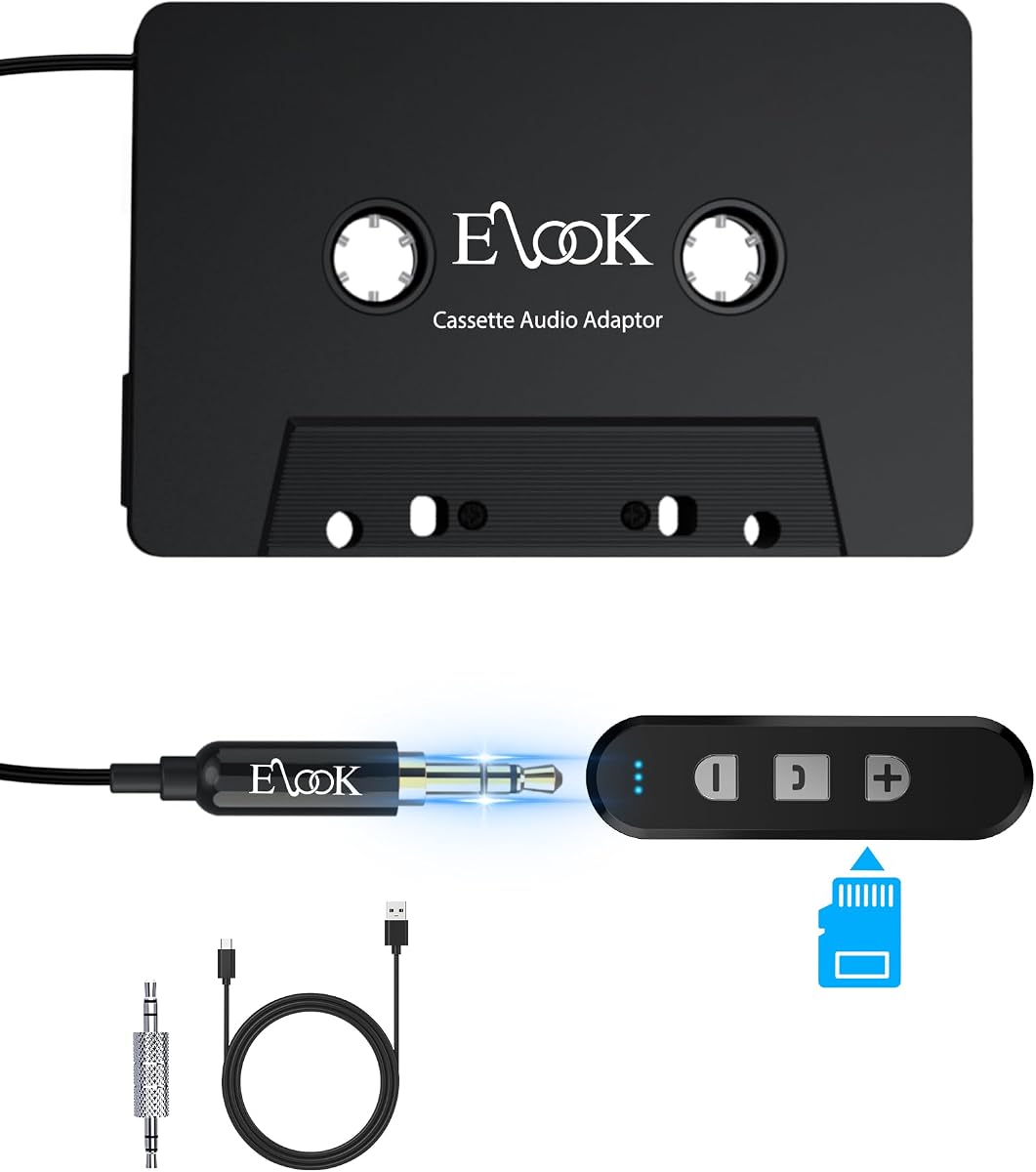 Elook Cassette to Bluetooth Adapter for Car,with 3.5mm Cable,Black | Bluetooth 5.1 Receiver Kit
